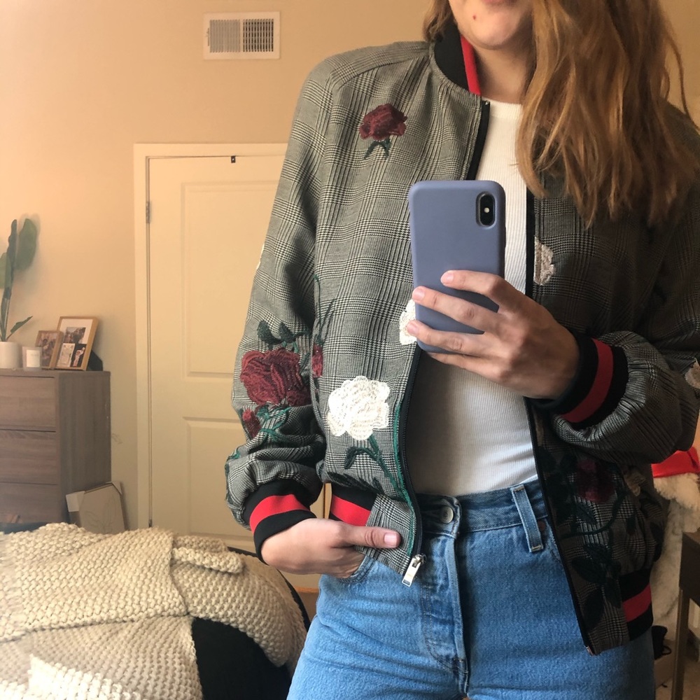 Floral appliqué bomber jacket